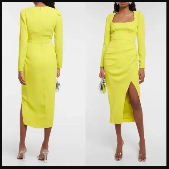*NEW Self Portrait Ruched Crepe Midi Dress Lime Green Size US 8 - Picture 1 of 11